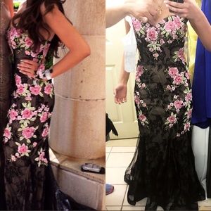 long black dress w/ pink embroidered flowers